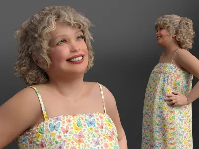  Obese Child Girl in Colorful Summer Dress Posed Smiled 
