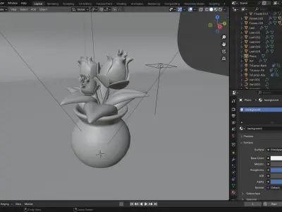 Flowers and leaves with a clay pot with three points lighting Low-poly 3D model