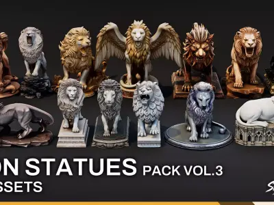 Lion Statues Pack VOL3 Low-poly 3D model