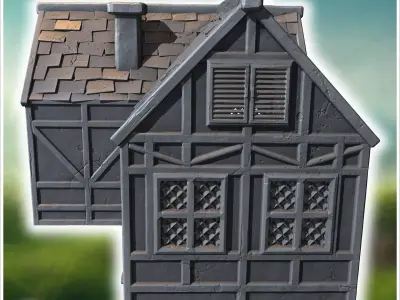 Medieval-style house with a wooden door lattice windows and a da 3D print model
