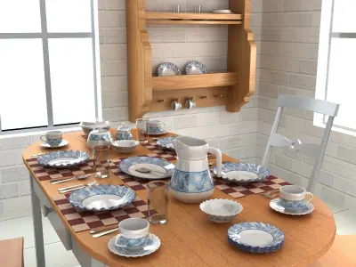 Tableware with Table and Chairs Low-poly 3D model
