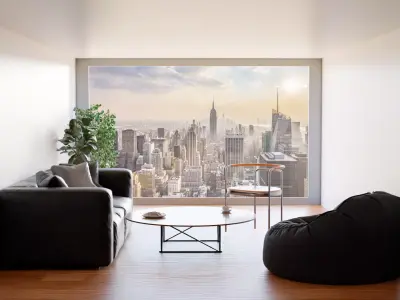 Restroom living room with city Free low-poly 3D model