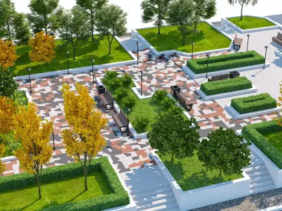 Stylized Autumn City Park 3D Scene Low-poly 3D model