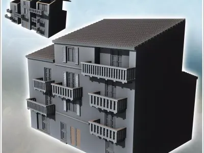 Modern single-sloped roof building with three balconied floors 1 3D print model