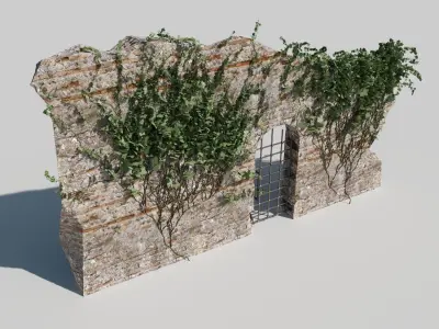 Rustic Stone Facade with Aged Metal Door and Foliage 3D model