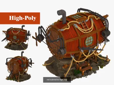 red submarine Old lighthouse on a rock wild west high-poly 3D Model Pack
