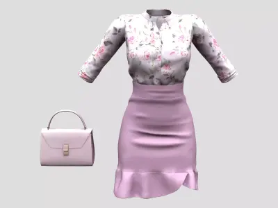 Korean Style Mini Skirt Tucked In Shirt Handbag Outfit Low-poly 3D model