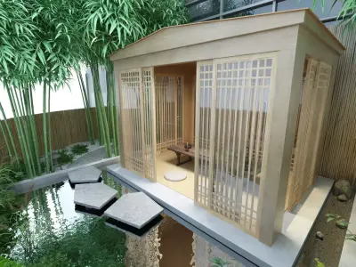 Wooden Gazebo with Tea Set with Greenery 3D model