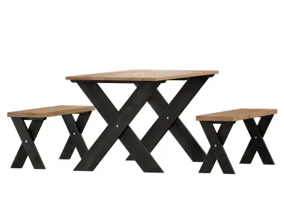 Wooden picnic table with benches 3D model