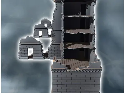 Set of three modern ruined buildings with central arch and stone 3D print model
