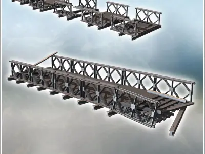 Modular modern metal bridge with wooden plank intact and damaged 3D print model