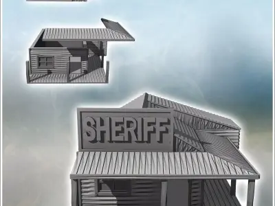 Sheriff building with multi-pitched roof awning on a wooden plat 3D print model