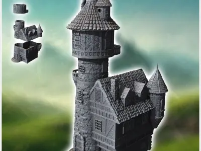 Medieval stone tower with adjoining house balconies and fireplac 3D print model