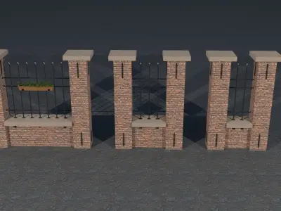 Lowpoly modular set of fenced walls and gates Low-poly 3D model