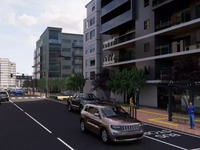 Modern Urban Street with Bus Stop and Apartment Buildings 3D print model