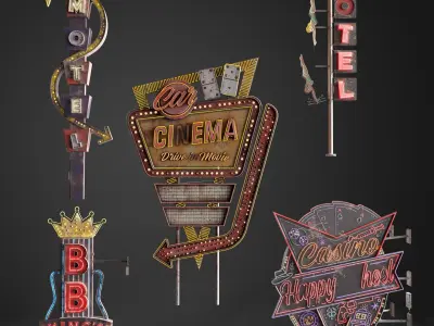 5 Neon signs in 3 types Low-poly 3D model