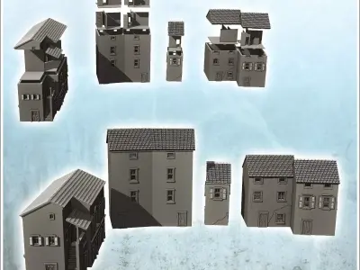 Set of four European houses with terrace and columns 10 - Modern 3D print model