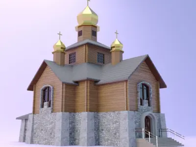 Church with a wooden log house 3D model