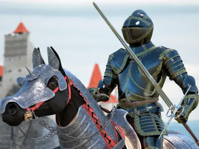  Medieval Horse in Armor with Knight Riding Fur 