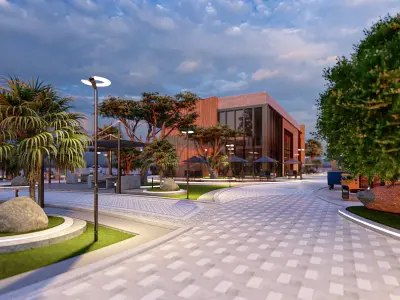  Modern Coffee Shop Building - Backyard Landscape Scene 3D model