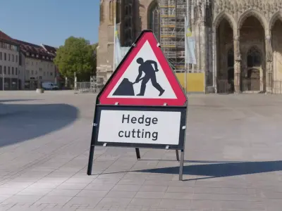 Men At Work Hedge Cutting Triangular Road Sign Low-poly 3D model