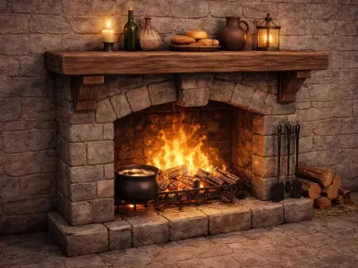 Medieval Stone Fireplace with Wooden Mantel - PBR Low-poly 3D model