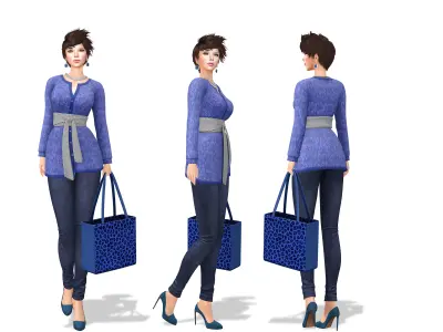 Blue Tone Top Necklace Jeans Bag Outfit Low-poly 3D model