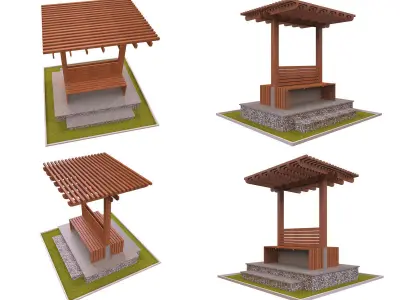 Pergola Collection 1 wooden bench on grassy area Low-poly 3D model