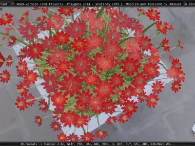 Public Plant Pot Wood-Version with Red Flowers Low-poly 3D model