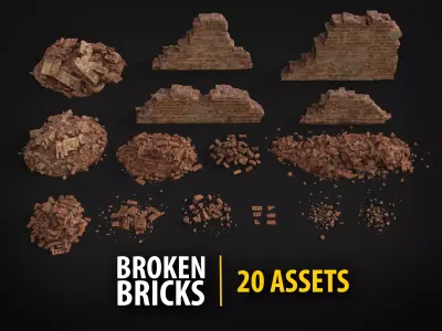 Destroyed Brick Wall Debris Pack - 20 Assets PBR Game Ready Low-poly 3D model