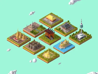 Cartoon Low Poly Asia Landmarks Pack Low-poly 3D model
