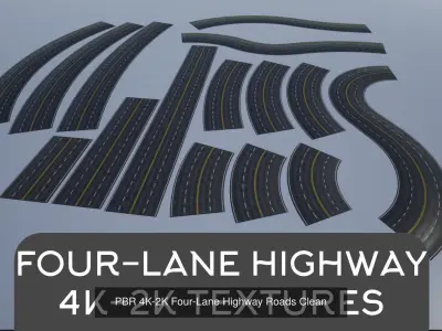 PBR 4K-2K Four-Lane Highway Roads Collection 3D Model Pack