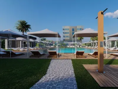 Hotel Pool Area with bar seating sunshade sunbed and lounge 3D model