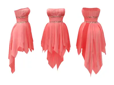 Chiffon Strapless Cocktail Dress with Draped Frills Low-poly 3D model