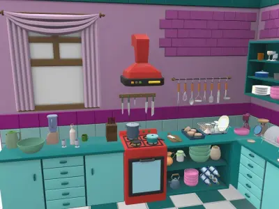 Isometric cartoon kitchen room 09 3D model