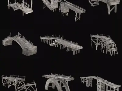 DESTROYED WOODEN BRIDGE MEDIEVAL FANTASY ROAD OLD COLLECTION Low-poly 3D model