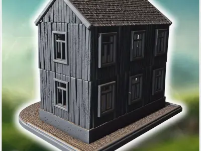 Two-story wooden house with a balcony intact windows and a stone 3D print model