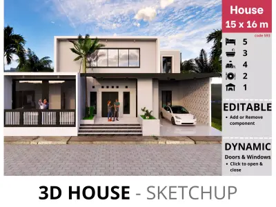 House 15x16m code 593 - Sketchup 3D model 3D model 3D model