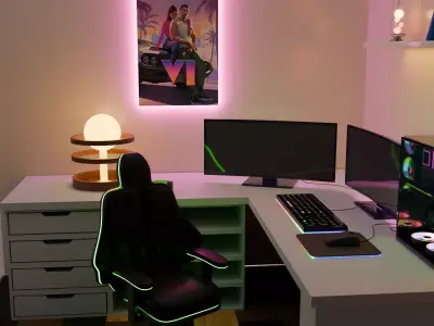 Isometric Gaming Room - Stylized RGB PC Setup 3D model