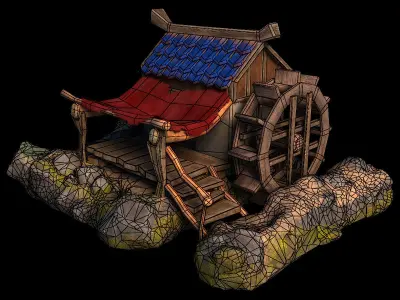 Cartoon Water mill Low-poly 3D model