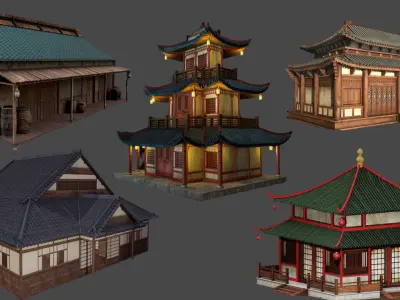 Asian Japanese PBR Building Collection 3D model