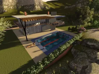 villa house with pool on side of mountain 3D print model
