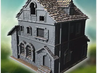Square medieval house with symmetrical windows wooden shutters a 3D print model