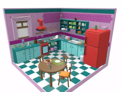 Isometric cartoon kitchen room 09 3D model