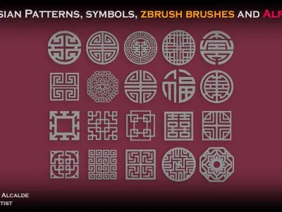20 Asian Patterns symbols ZBRUSH IMM and Alphas Blender Low-poly 3D model