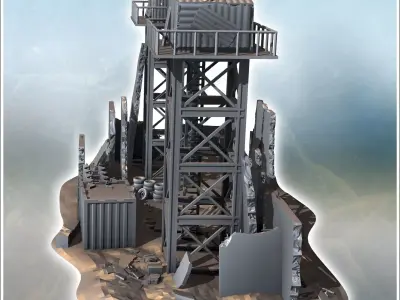 Checkpoint with double watchtowers and ruined buildings 13 3D print model