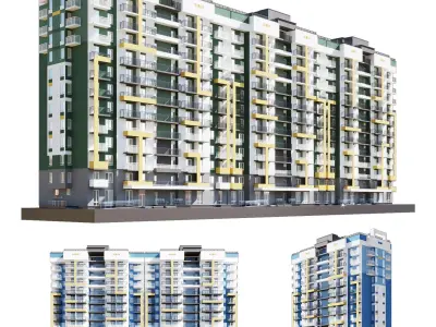 Set of multi-story apartment buildings 3D model