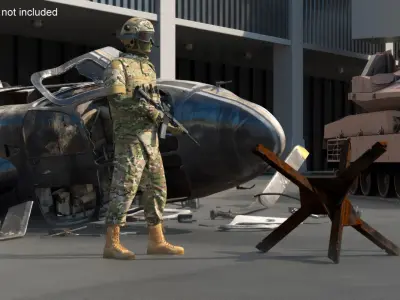  War Zone with Helicopter Wreckage and Soldier 