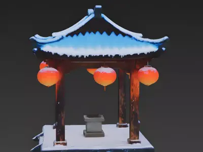 Rustic Wooden Shrine with Glowing Lanterns 3D Model Low-poly 3D model
