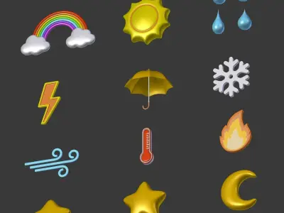Cartoon Icons Pack - Weather Umbrella Cloud Sun Moon Star Drop Low-poly 3D model
